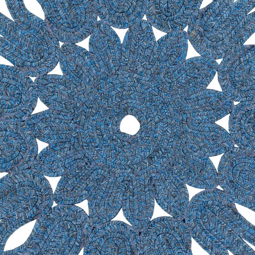 Close-up of the hand woven Sauquoit Area Rug. Blue braided texture detail. Farmhouse style. Swatch