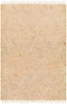 Close-up of the Dunne Area Rug. Hand-woven jute rug with diamond pattern in beige, camel, and ivory. Fringe detail. Design-Rectangle-576