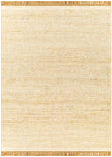 Close-up of the cream Gopi Jute&Wool Area Rug showing its woven texture and tan fringe. Farmhouse style. Design-Rectangle-810