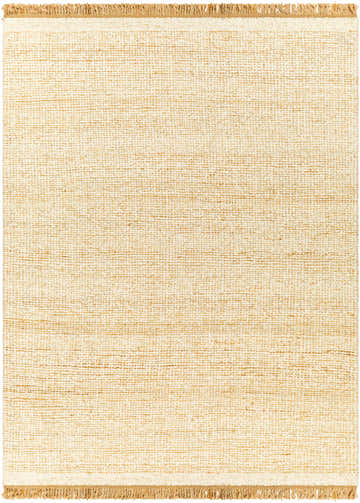 Close-up of the cream Gopi Jute&Wool Area Rug showing its woven texture and tan fringe. Farmhouse style. Design-Rectangle-810