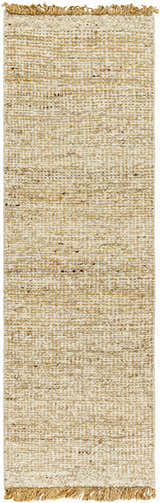 Close-up of the textured Gopi Jute Area Rug in Beige. Hand-woven rug with tan, taupe, and black flecks. Jute fringe detail. Design-Runner-268