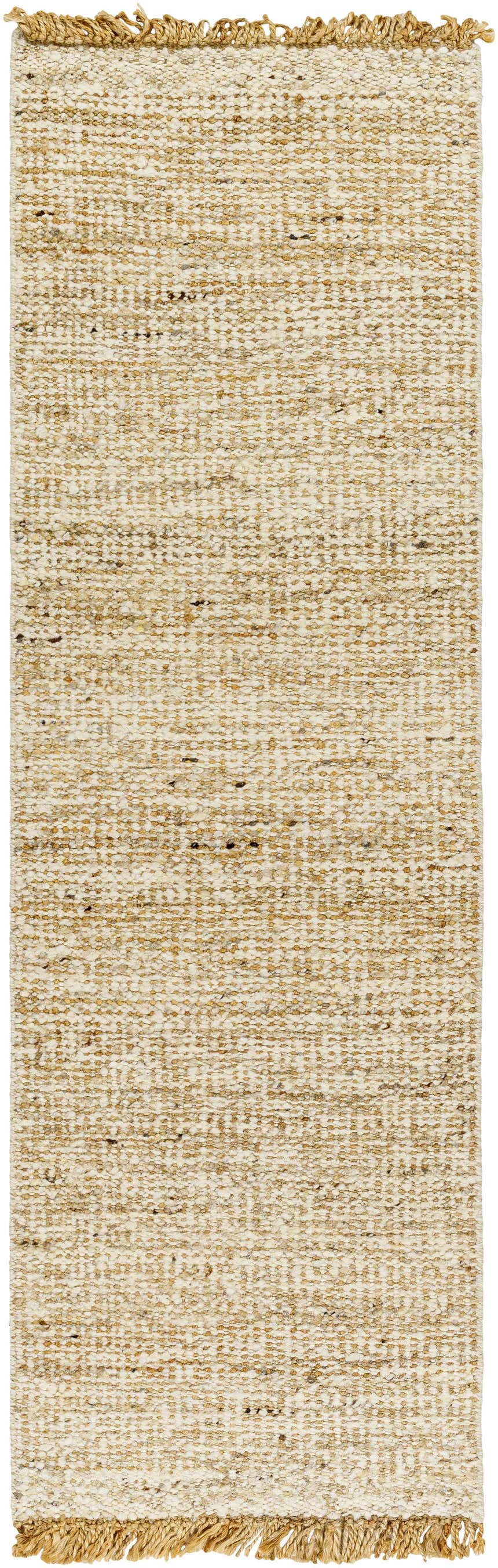 Close-up of the textured Gopi Jute Area Rug in Beige. Hand-woven rug with tan, taupe, and black flecks. Jute fringe detail. Design-Runner-268