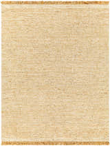 Close-up of the hand woven Gopi Jute Area Rug in Beige. Natural fiber rug with fringe, tan and taupe colors. Design-Rectangle-810