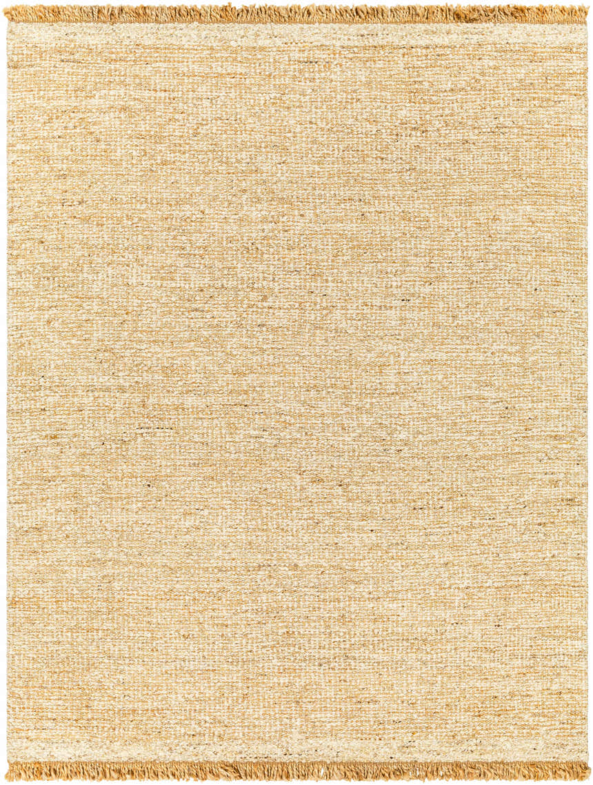 Close-up of the hand woven Gopi Jute Area Rug in Beige. Natural fiber rug with fringe, tan and taupe colors. Design-Rectangle-810