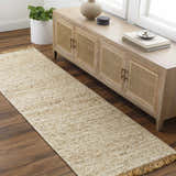 Entryway with beige Gopi Jute Area Rug runner, wood floors, and a light wood console table with caned doors. Roomscene-Runner