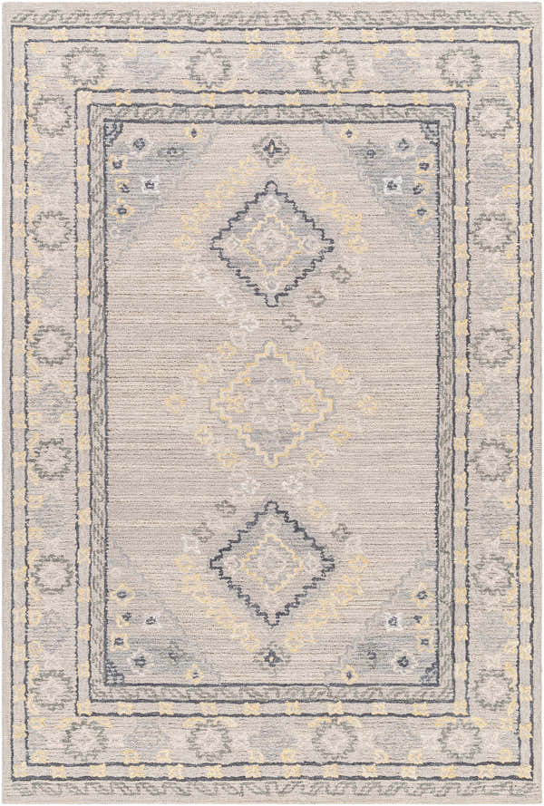 Alena Gray Wool Blend Area Rug with diamond and floral pattern, farmhouse style. Hand-tufted texture. Design-Rectangle-576