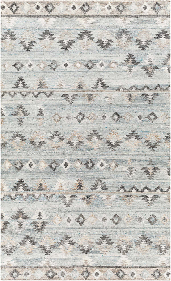 Close-up of the Denna Area Rug showing its Southwestern-inspired pattern in blue, gray, brown, and white recycled PET yarn. Design-Rectangle-576