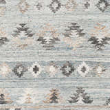 Close-up of the Denna Area Rug. Hand woven, recycled PET yarn with a contemporary geometric pattern in blue, gray, brown, and white. Swatch