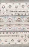 Close-up of the Duyen Area Rug. Hand-woven recycled PET yarn with a Scandinavian-Southwestern pattern in black, blue, brown, and white. Design-Rectangle-576