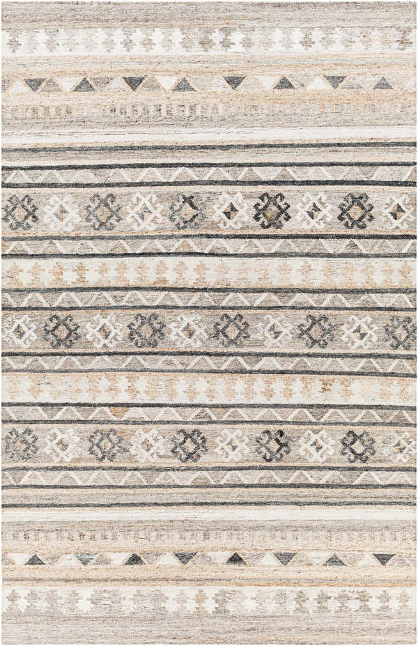 Close-up of the hand-woven Jade Area Rug. Features a Scandinavian-Southwestern design in black, brown, gray, and ivory. Design-Rectangle-576