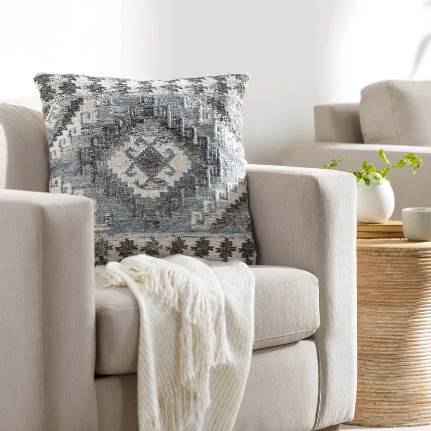 Ravnek Dusty Blue Geometric Southwest Recycled PET Yarn Accent Pillow - Clearance