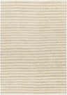 Close-up of the Debra Area Rug, a hand-woven rug with a striped pattern in off-white and taupe. Design-Rectangle-69