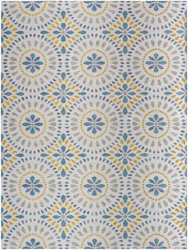 Close-up of the light gray Karin Area Rug featuring a floral pattern in blue, gray, and yellow. Design-Rectangle-527