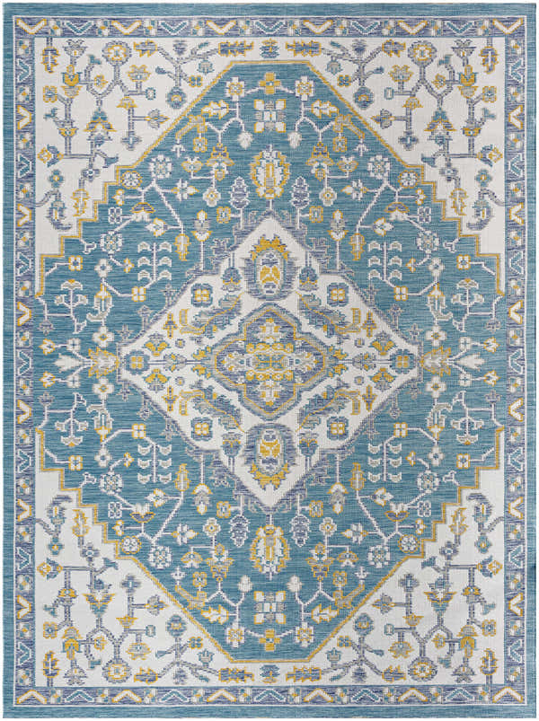 Close-up of the Nahla Area Rug. Coastal style rug in light gray, mustard, navy, off white, and teal. Machine woven polypropylene. Design-Rectangle-527