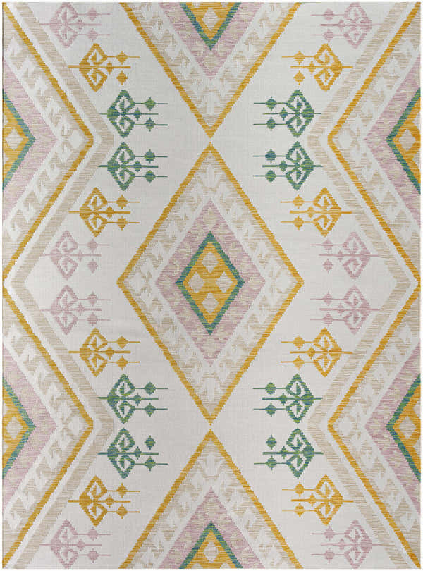 Close-up of the Netia Area Rug. Light gray rug with diamond pattern in gold, green, pink, and beige. Coastal style. Design-Rectangle-527