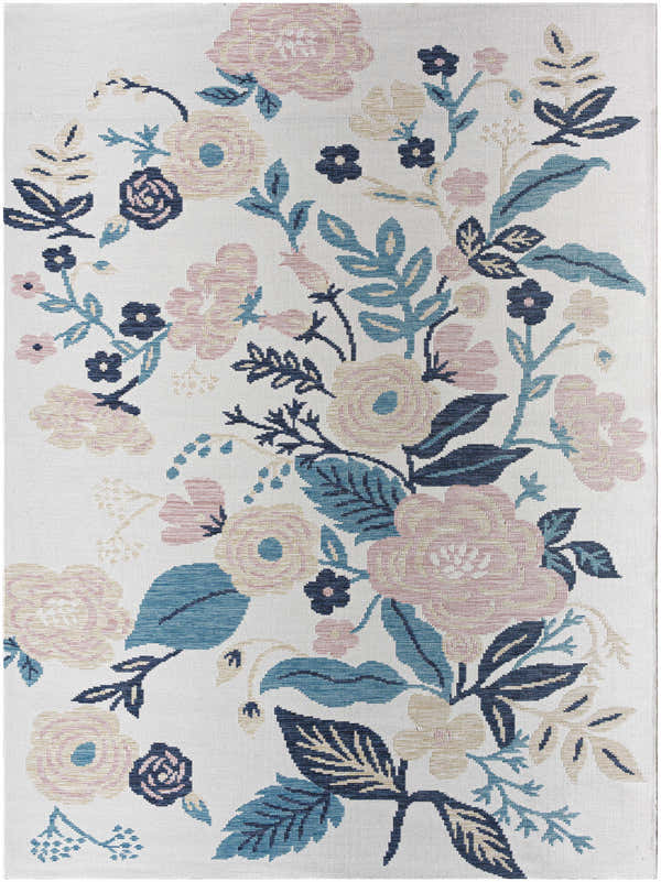 Close-up of Ponto Cream & Blue Floral Area Rug featuring a pink, blue, and navy floral pattern on a light gray background. Design-Rectangle-527