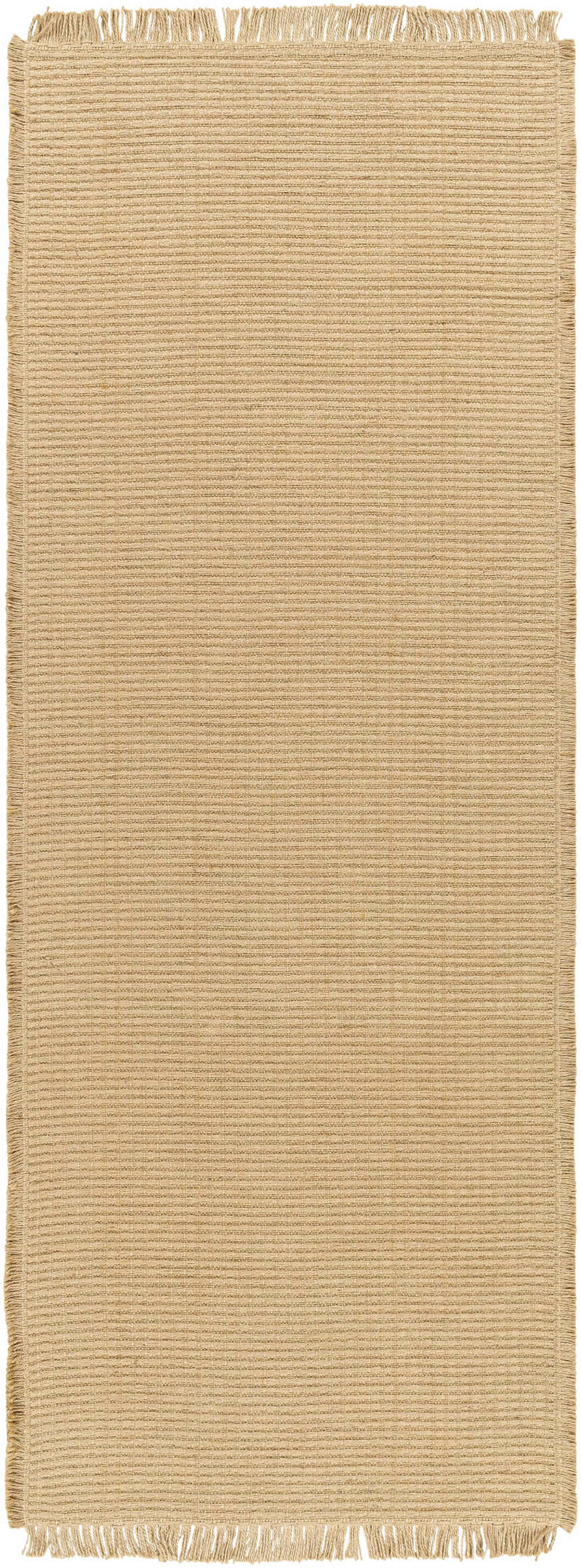 Close-up of the Kimi Jute Light Beige Area Rug showing its woven texture and fringed edges. Neutral, farmhouse style. Design-Runner-2773