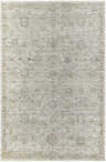 Close-up of the Margaret Damask Gray Washable Rug. Ash, khaki, and metallic silver farmhouse-style damask pattern. Becki Owens x Livabliss. Design-Rectangle-53710