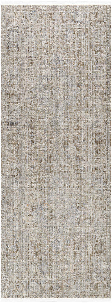 Close-up of the Margaret Damask Dark Sage Washable Area Rug. Features a traditional pattern in sage, taupe, and brown tones. Design-Runner-2773