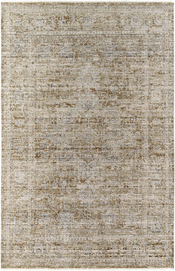 Close-up of the Margaret Damask Dark Sage Washable Area Rug. Farmhouse style rug with ash, sage, and brown tones. Design-Rectangle-53710