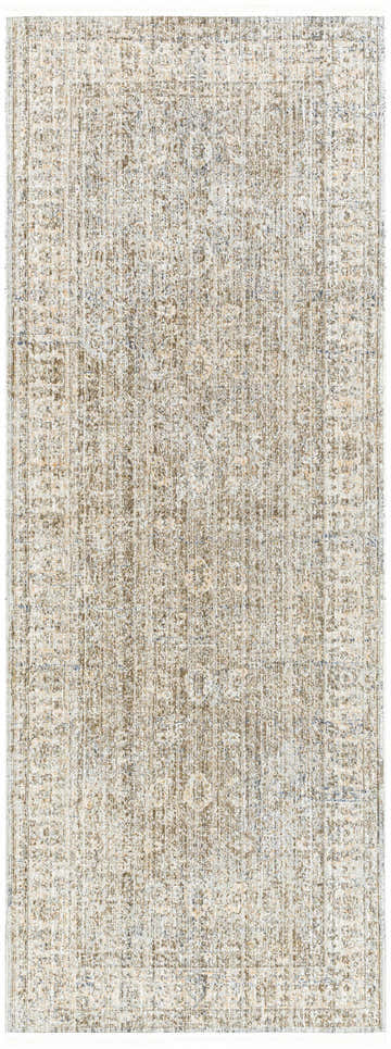 Close-up of the Margaret Damask Sage & Gray Washable Area Rug, Becki Owens x Livabliss. Neutral tones, subtle damask pattern. Design-Runner-2773