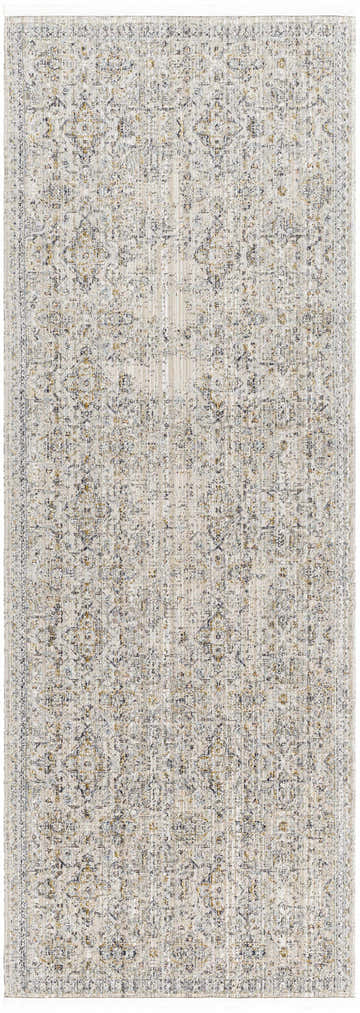 Margaret Cream Washable Rug by Becki Owens x Livabliss: a close-up of the traditional farmhouse rug with light gray, slate, and pewter tones. Design-Runner-2773