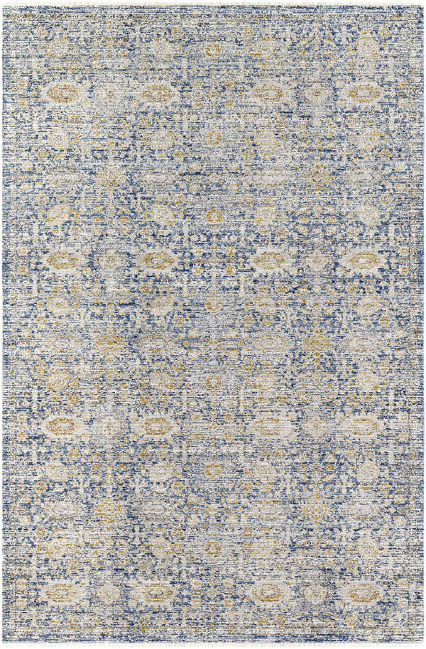Close-up of the Margaret Damask Blue Washable Area Rug by Livabliss x Becki Owens. Features a traditional damask pattern in blue, silver and gold. Design-Rectangle-537
