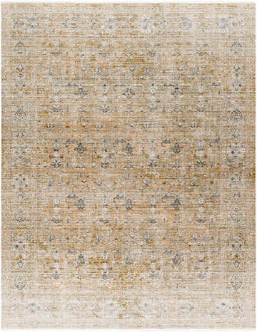 Close-up of the Margaret Damask Mustard Washable Area Rug. Traditional damask pattern in mustard, tan, and light gray. Design-Rectangle-71010