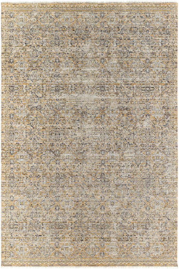 Close-up of the Margaret Beige & Blue Washable Rug. Farmhouse style rug with ash, pewter, sage, tan, and sterling grey colors. Design-Rectangle