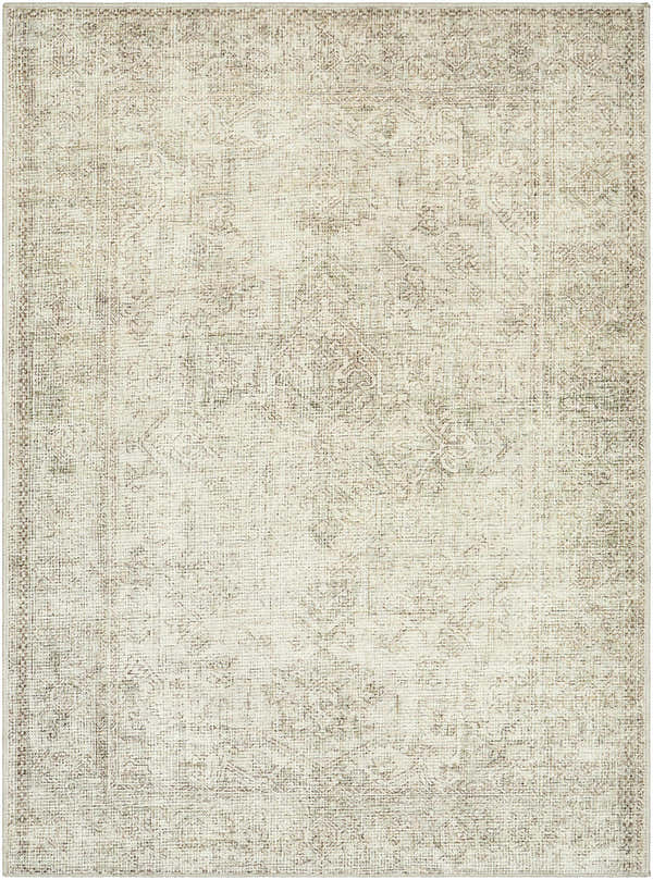 Close-up of the Margot Medallion Olive rug by Livabliss x Becki Owens. Beige, brown, and olive traditional pattern. Design-Rectangle-537
