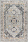 Detailed view of the Gilda Area Rug in light gray and natural gray with a traditional, geometric pattern. Design-Rectangle-6796
