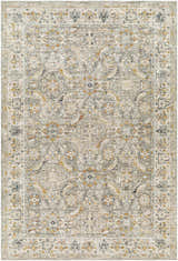 Close-up of the Jeven Sage Area Rug. Machine-woven polyester rug with a traditional floral pattern in sage, gray, gold, and navy. Design-Rectangle-6796