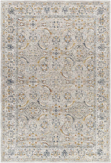 Close-up of the Jeven Gray Area Rug, a machine-woven polyester rug with a traditional floral pattern in light gray, natural gray, and gold. Design-Rectangle-6796