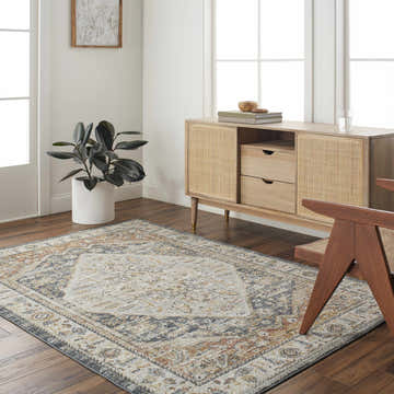 Living room scene with a lambswool and light brown Jonco Area Rug, wood floors, and a rattan cabinet. Roomscene-Rectangle
