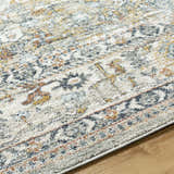 Close-up of the Jyler Traditional Area Rug showing beige, gold, and blue floral pattern and soft texture. Texture