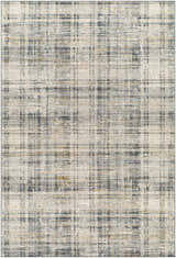 Close-up of the Kenny Area Rug, featuring a contemporary plaid pattern in neutral tones of gray, beige, and gold. Design-Rectangle-6796