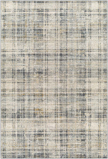 Close-up of the Kenny Area Rug, featuring a contemporary plaid pattern in neutral tones of gray, beige, and gold. Design-Rectangle-6796