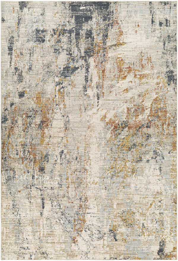 Close-up of the Kirsi Area Rug. Beige and bone with abstract charcoal, gold, and rust-colored accents. Contemporary style. Design-Rectangle-6796
