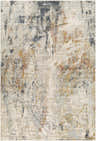 Close-up of the Kirsi Area Rug. Beige and bone with abstract charcoal, gold, and rust-colored accents. Contemporary style. Design-Rectangle-6796