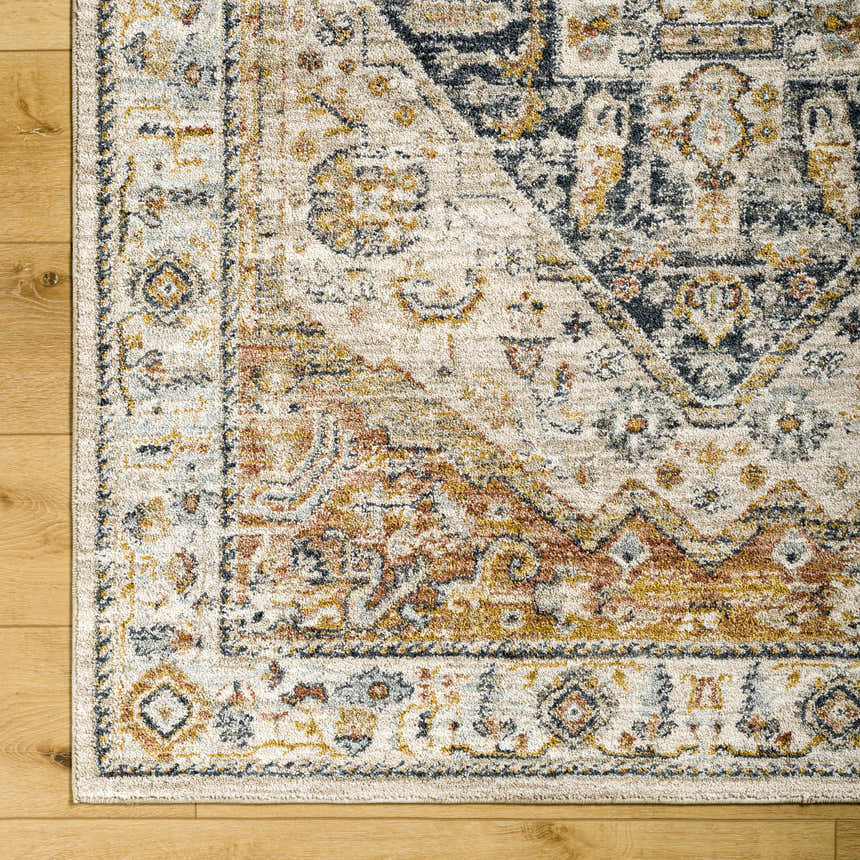Close-up of the Kuruk Area Rug showing its farmhouse design, light gray, natural gray, and gold colors. Corner