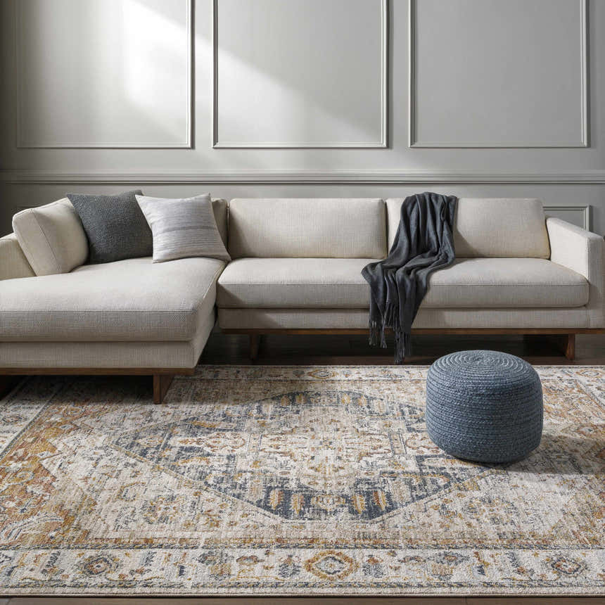 Living room scene with a light gray Kuruk Area Rug, beige sofa, and blue ottoman. Roomscene-Rectangle