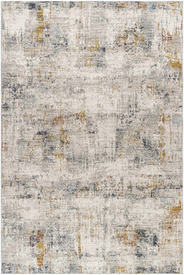 Close-up of Leela Area Rug. Contemporary design in light gray, natural gray, gold, and blue. Machine woven polyester rug. Design-Rectangle-6796