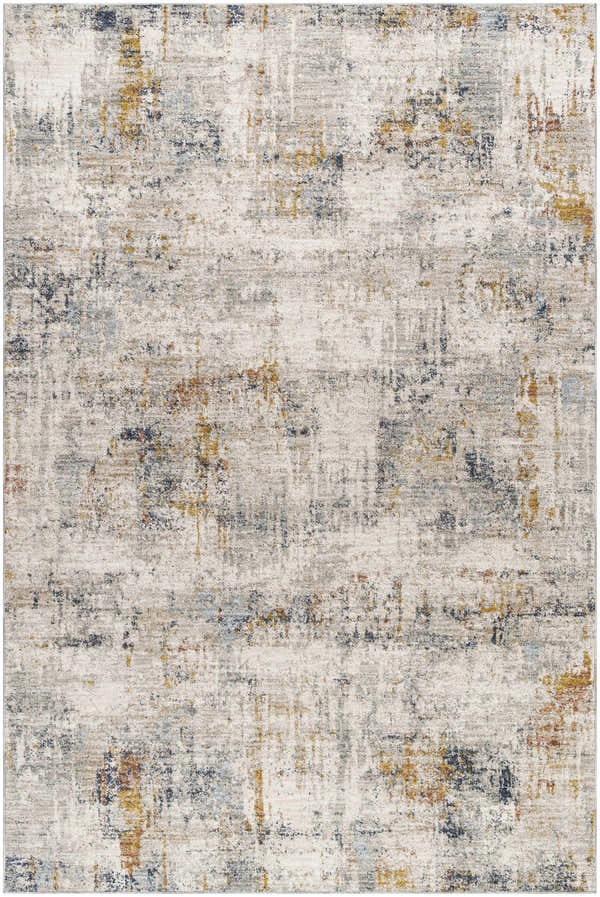 Close-up of Leela Area Rug. Contemporary design in light gray, natural gray, gold, and blue. Machine woven polyester rug. Design-Rectangle-6796