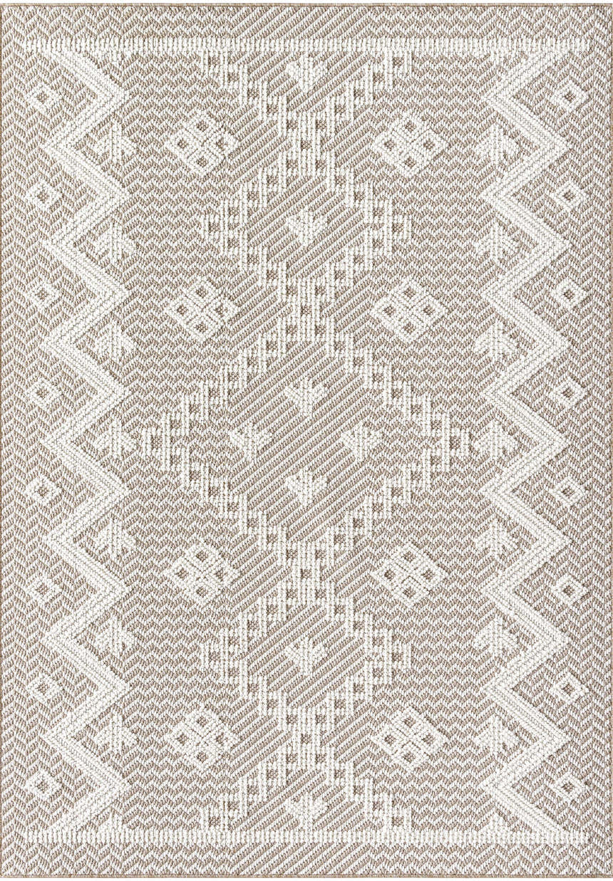 Close-up of the Mylan Area Rug showing its cream, ivory, and light gray contemporary geometric pattern. Design-Rectangle-537