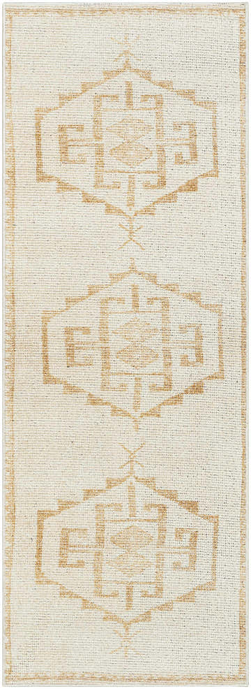 Close-up of Solona Medallion Dusty Pink rug. Beige rug with a geometric, light brown medallion pattern. Farmhouse style. Design-Runner-2773