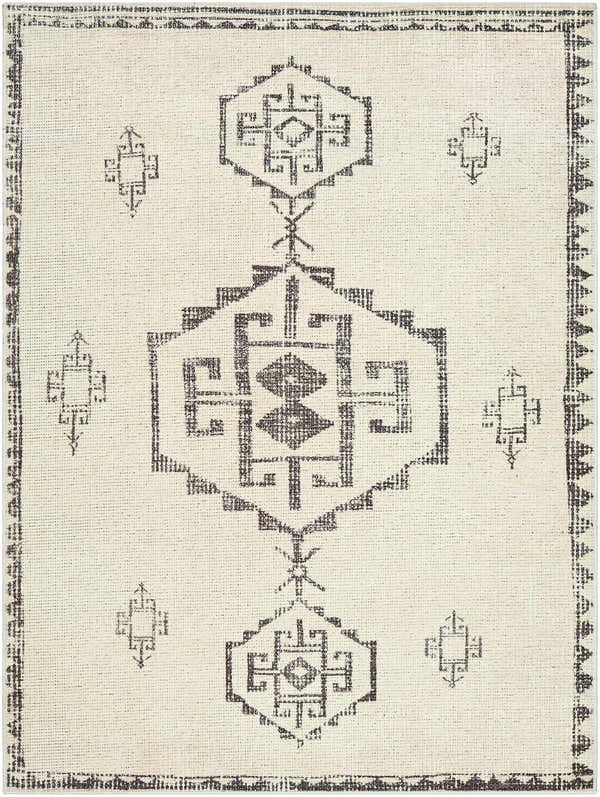 Close-up of Solona Medallion Beige Rug. Farmhouse style rug with beige background and gray geometric medallion pattern. Design-Rectangle-537