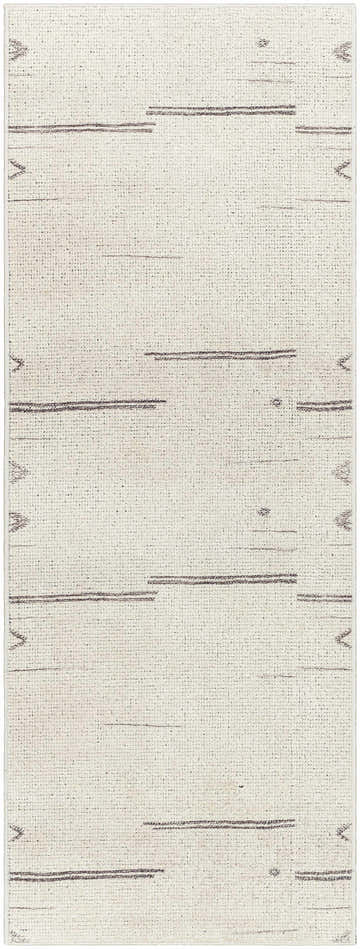 Close-up of the Rivin Beige Rug. Farmhouse style rug with a bone base and subtle gray geometric patterns. Becki Owens x Livabliss. Design-Runner-2773