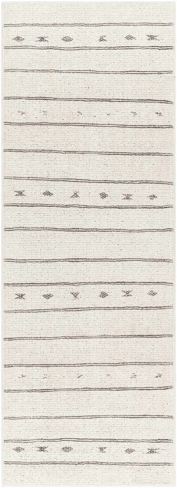 Close-up of the Rivi Moroccan Beige rug. Farmhouse style rug with beige, bone, and dark brown stripes and geometric accents. Design-Runner-2773