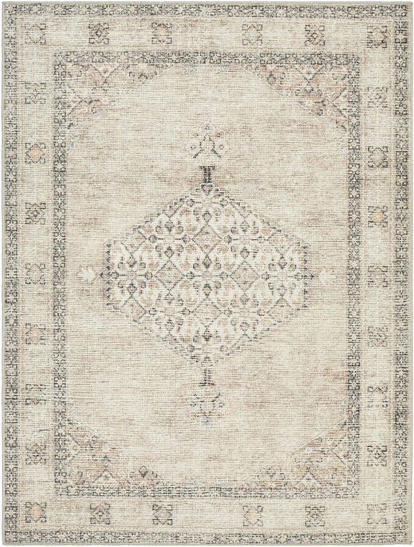 Close-up of the Lila Medallion Brown Area Rug, showcasing its beige, brown, and gray traditional medallion pattern. Design-Rectangle-537