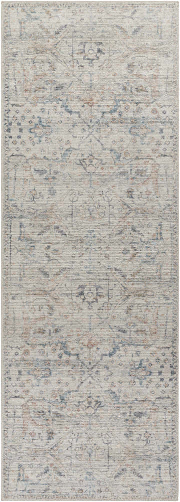 Close-up of the Marlene Damask Off White & Blue Area Rug. Farmhouse style rug with a traditional damask pattern in cream, blue, and rust. Design-Runner-2773
